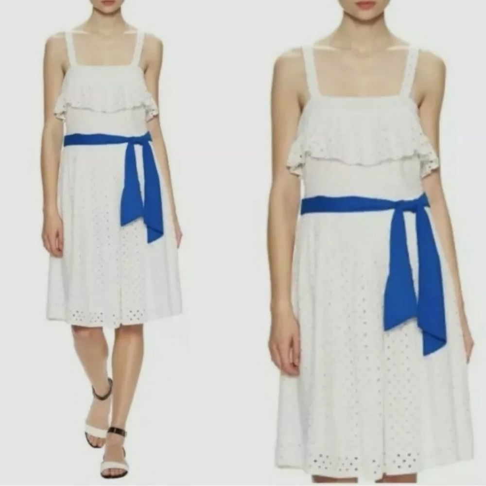 Sleeveless Fit and Flare Eyelet Dress, White with Blue Tie Waist Belt